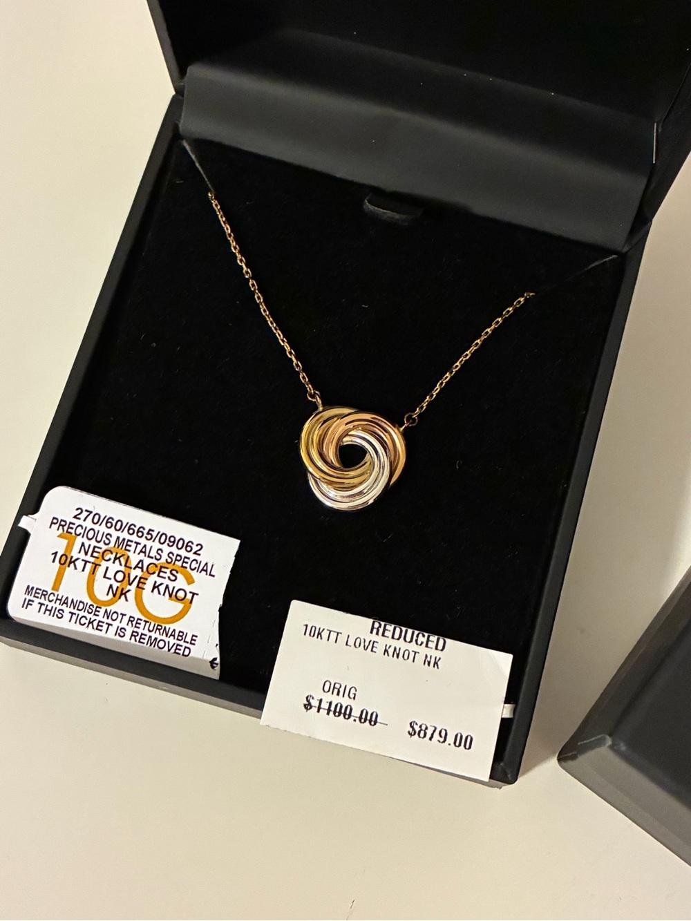 10K Tri-Tone Love Knot Necklace - Gold, Rose, White solid gold